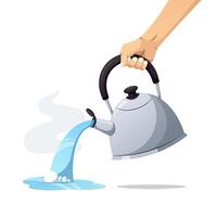 Pouring hot water from a kettle by hand isolated on white background. vector