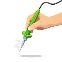 Hand holding soldering iron for soldering electronic work isolated on white background. vector