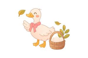 Farm duck with basket of eggs in fall scene vector