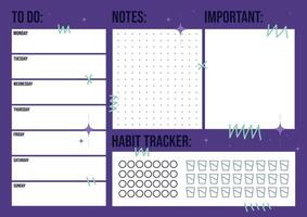 Modern Weekly Planner with Notes and Habit Tracker on Purple Background vector