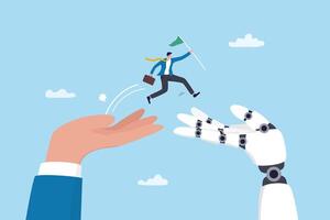 Man jumping into robotic hand vector