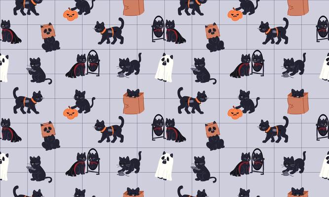 Seamless Halloween Pattern with Cute Black Cats character in thematic Costume