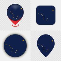 Set of Alaska State Flag Icons and Map Pins. vector