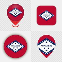 Set of Arkansas State Flag Icons and Map Pins. vector