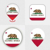 Set of California State Flag Icons and Map Pins. vector