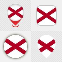 Set of Alabama State Flag Icons and Map Pins. vector
