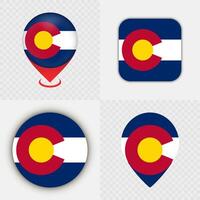 Set of Colorado State Flag Icons and Map Pins. vector