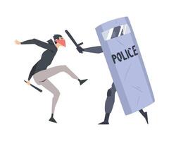Young Man Rioter with Covered Face Fighting with Armed Policeman Defending with Shield Illustration vector