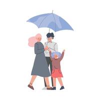 Young Family and Little Kid with Umbrella Enjoying Walk in the Rainy Day Illustration vector