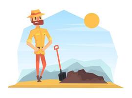 Man Archeologist Digging Soil, Scientist Character Working on Archeological Excavations Cartoon Illustration vector