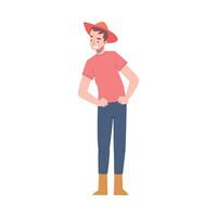 Satisfied Man Farmer in Yellow Rubber Boots and Wide Brimmed Hat in Standing Pose Illustration vector