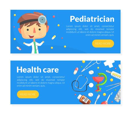 Pediatrician and Healthcare Landing Page Templates Set, Medical Care and Treatment for Children Homepage, Website Design Cartoon Illustration