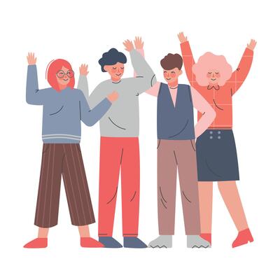 Young People with Raised Hands, Team of Teenagers Standing Hands Up, Friendship, Solidarity, Volunteering, Voting Cartoon Style Illustration