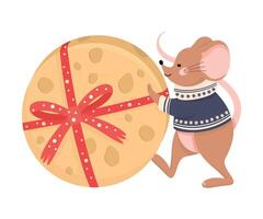 Smiling Mouse as New Year Character in Knitted Sweater Pushing Huge Cheese Wheel Illustration vector