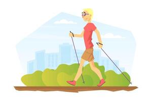 Young Man Performing Nordic Walking in Park, People in Sports Outfit Enjoying Walking in Open Air Cartoon Illustration vector