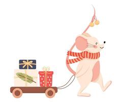 Smiling Mouse as New Year Character in Warm Scarf Pulling Trolley with Wrapped Gift Boxes Illustration vector