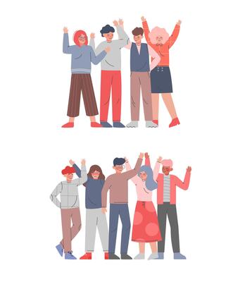 People Standing with Raising Hands Set, Men and Women Standing Hands Up, Friendship, Solidarity, Success Celebration Concept Cartoon Style Illustration