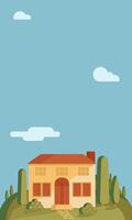 Tuskany farm sunny house on green hill with cypress trees and flowering bushes vertical banner. Composition for travel design. Toscana summer scene. vector