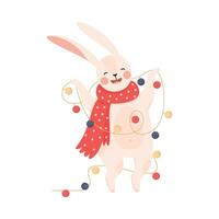 Smiling Hare as New Year Character with Long Ears in Warm Scarf Holding Garland or Christmas-tree Set Illustration vector