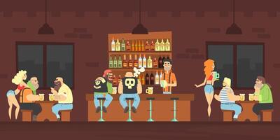 Bikers or Criminal Gang Member Sitting at Counter at Bar Drinking Beer and Chatting, Male Bartender Pouring Beer in Mug at Counter, Beautiful Girls Waitresses Serving Clients Illustration vector