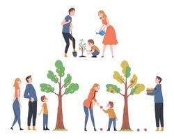 People Characters Watering Tree and Picking Fruits Illustration Set vector