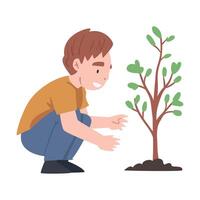 Little Boy Caring of Tree Sapling Growing in Soil Illustration vector