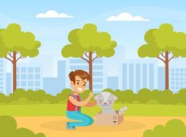 Happy Boy with Cute Cat in Box, Child Walking in Park Cartoon Illustration vector