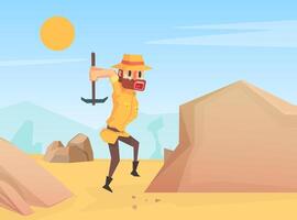 Man Archaeologist Scientist Character Working on Excavations with Pickaxe, Scientist Character During Archaeological Researches Cartoon Illustration vector