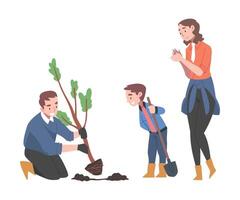 Young Family with Kid Planting Tree Sapling in Soil Illustration vector