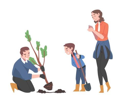 Young Family with Kid Planting Tree Sapling in Soil Illustration