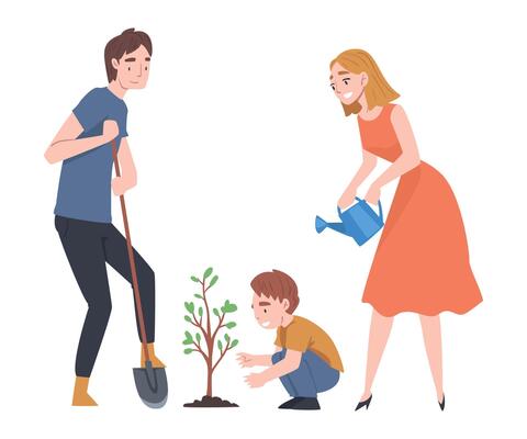 Young Family with Kid Planting Tree Sapling and Watering It Illustration