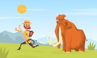 Man Archeologist Running Away from Mammoth, Scientist Character Working on Archeological Excavations Cartoon Illustration vector
