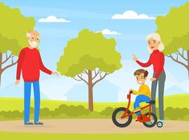 Grandpa and Grandma Walking in Park with Grandson, Boy Riding Bike Cartoon Illustration vector
