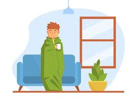 Sick Boy Suffering from Seasonal Infection, Male Person with Running Nose Wrapped to Warm Plaid Having Cold, Flu Cartoon Illustration vector