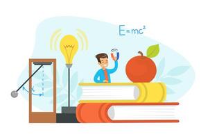 Boy Physicist Scientist Character Doing Physics Experiment at Lesson Cartoon Illustration vector
