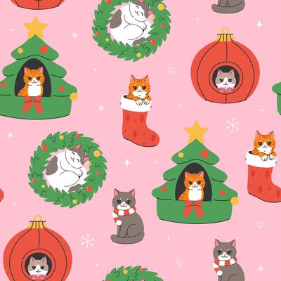 Seamless pattern with cute cats in Christmas mood. graphics.