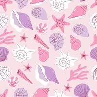Seamless pattern with seashells in soft pink and soft purple colors. graphics. vector