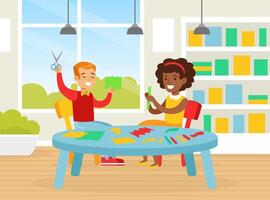 Cute Creative Kids Sitting at Table Cutting Color Paper with Scissors, Smiling Boy and Girl Crafting Together in Kindergarten Cartoon Illustration vector
