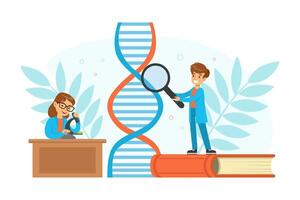 Boy and Girl Scientists Characters Experimenting with DNA Structure, Children Doing Scientific Experiment Cartoon Illustration vector