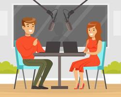 Man and Woman on the Radio Podcast with Microphone Talking Live in Studio Illustration vector