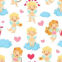 Cute Baby Angel on Cloud Seamless Pattern, Adorable Cupid Cherub Character Textile, Wallpaper, Wrapping Paper, Background Design Illustration vector
