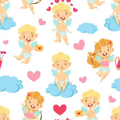 Cute Baby Angel on Cloud Seamless Pattern, Adorable Cupid Cherub Character Textile, Wallpaper, Wrapping Paper, Background Design Illustration