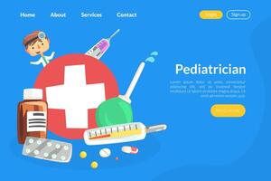 Pediatrician Landing Page Template, Medical Care and Treatment for Children Homepage, Website Design Cartoon Style Illustration vector