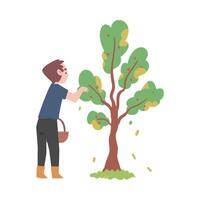 Little Boy Holding Wicker Basket and Picking Fruits from Tree Illustration vector