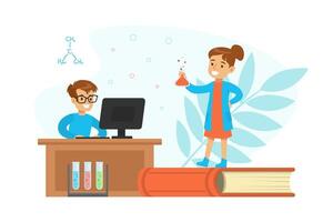 Boy and Girl Chemist Scientists Characters Experimenting with Mixing Chemicals, Children Doing Scientific Experiment Cartoon Illustration vector
