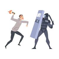 Young Man Rioter Fighting with Armed Policeman Defending with Shield Illustration vector
