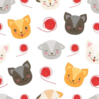 Cute Heads of Cats Seamless Pattern, Pet Animals Textile, Wallpaper, Background Design Cartoon Illustration
