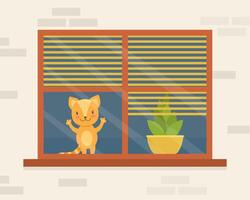 Cute Funny Cat Sitting on the Window and Looking at the Starry Sky Cartoon Illustration vector
