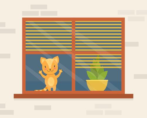 Cute Funny Cat Sitting on the Window and Looking at the Starry Sky Cartoon Illustration