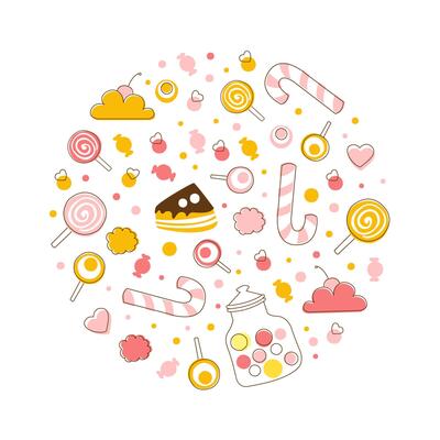 Sweet Desserts Seamless Pattern of Round Shape, Candy Shop, Bar, Cafe, Confectionery Design Cartoon Illustration